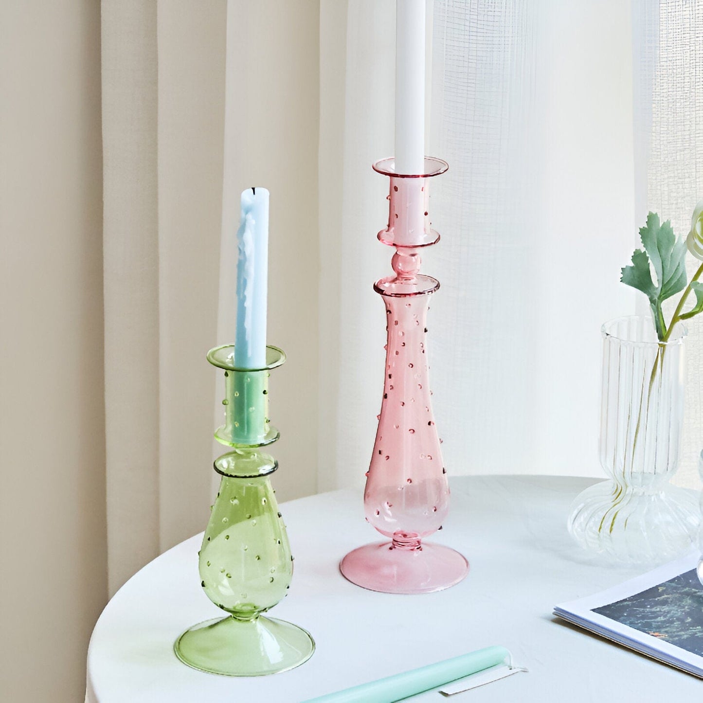 Fleur Pastel Glass Candlestick Holders