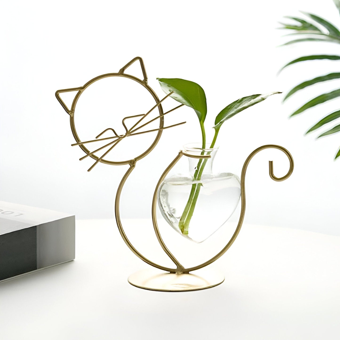 Iron Kitty Cat with Glass Heart Vase Propagation Station Planters