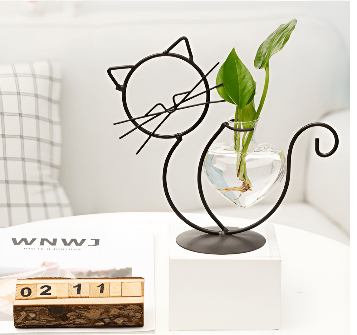 Iron Kitty Cat with Glass Heart Vase Propagation Station Planters