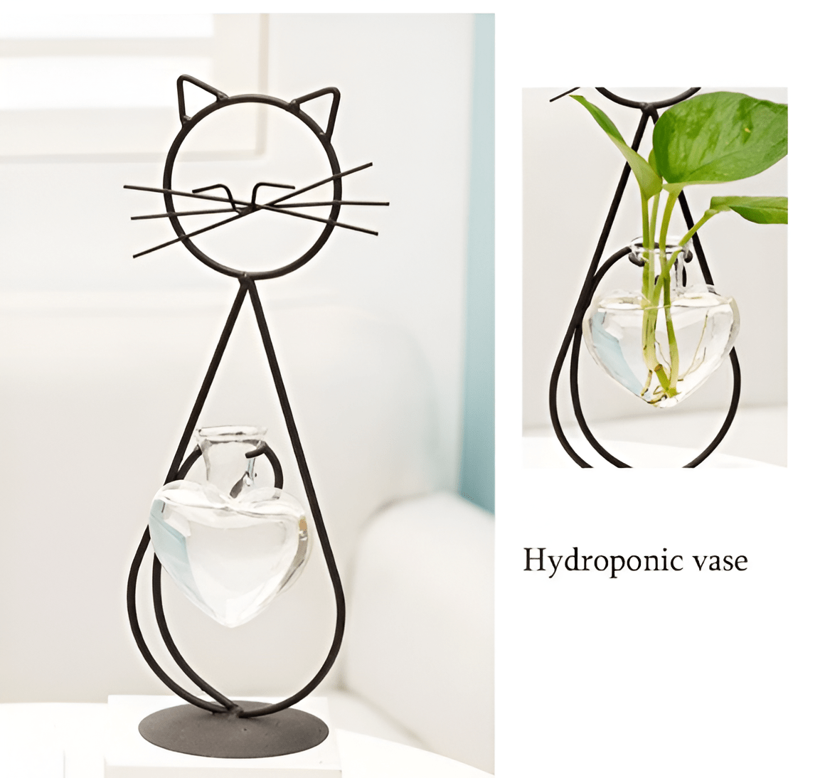 Iron Kitty Cat with Glass Heart Vase Propagation Station Planters