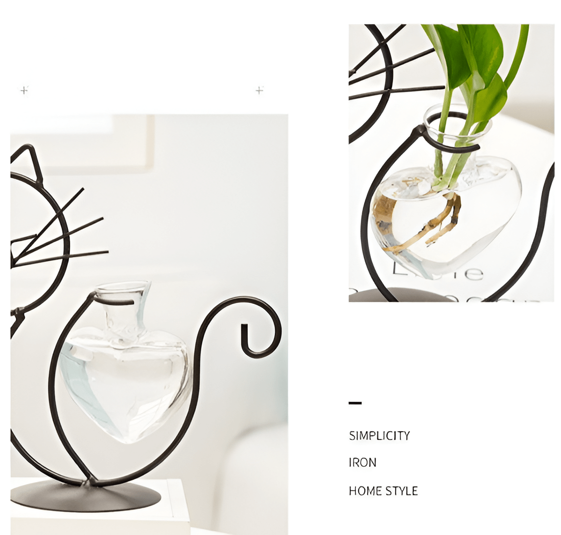 Iron Kitty Cat with Glass Heart Vase Propagation Station Planters