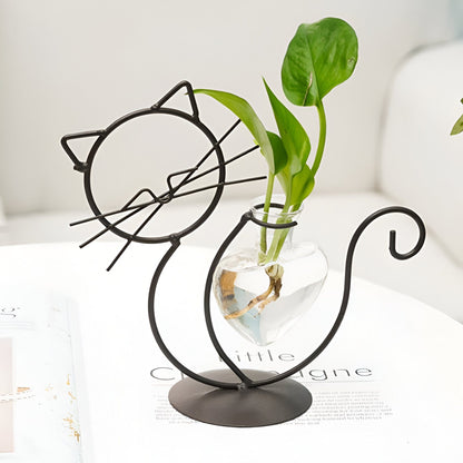 Iron Kitty Cat with Glass Heart Vase Propagation Station Planters