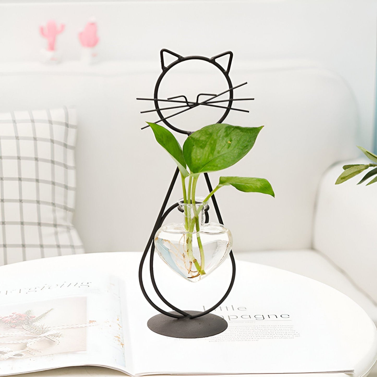 Iron Kitty Cat with Glass Heart Vase Propagation Station Planters