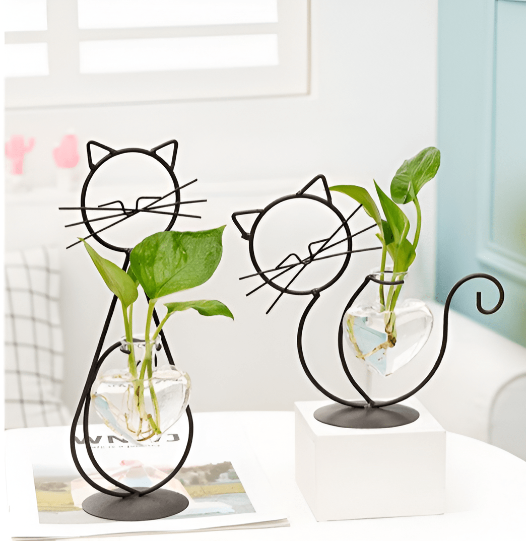 Iron Kitty Cat with Glass Heart Vase Propagation Station Planters