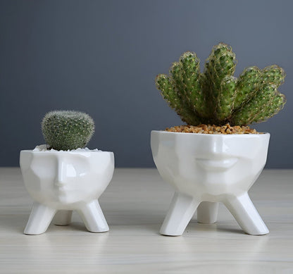 2-Piece White Ceramic Face Succulent Planters