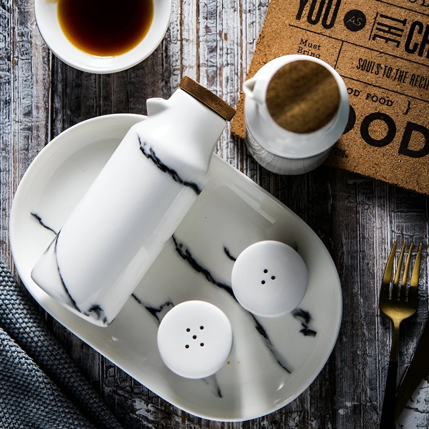 Ceramic Salt and Pepper Shaker + Oil and Vinegar Bottle Set