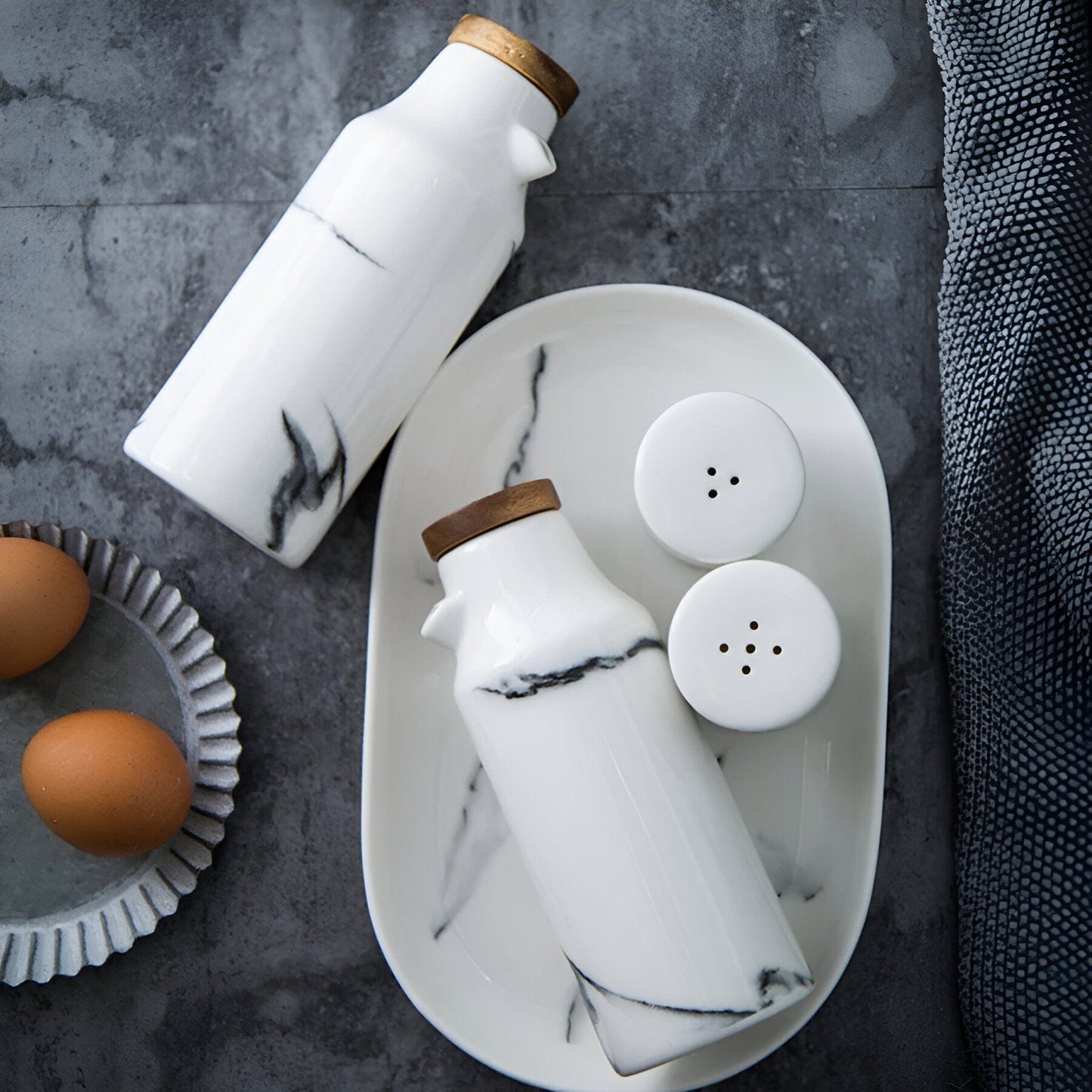 Ceramic Salt and Pepper Shaker + Oil and Vinegar Bottle Set