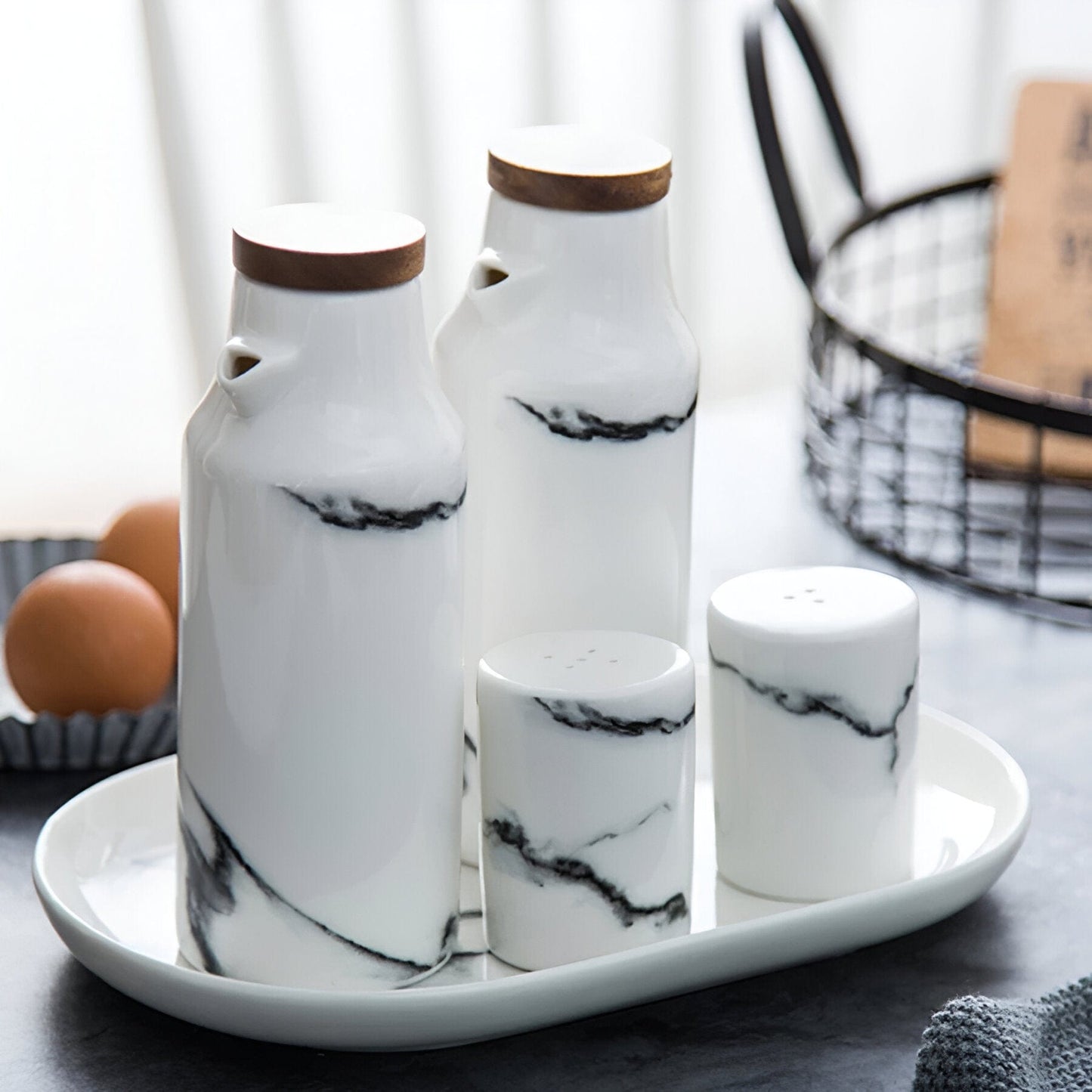 Ceramic Salt and Pepper Shaker + Oil and Vinegar Bottle Set