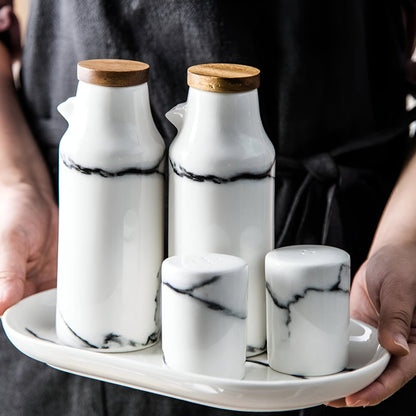 Ceramic Salt and Pepper Shaker + Oil and Vinegar Bottle Set