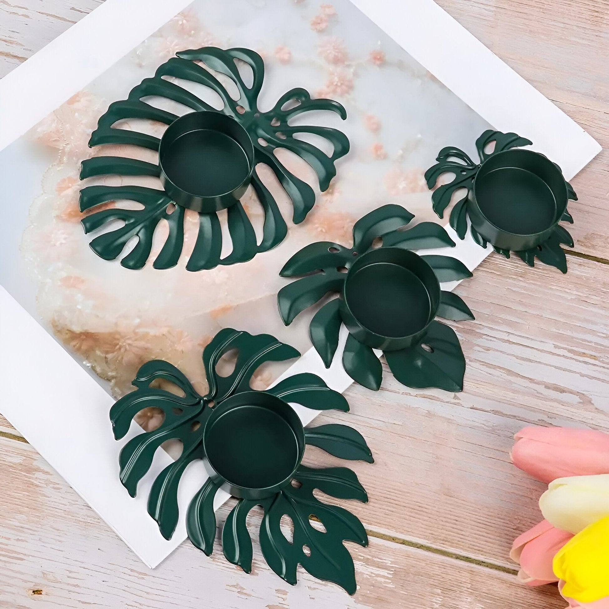 Wrought Iron Monstera Leaf Tealight Candle Holders: 