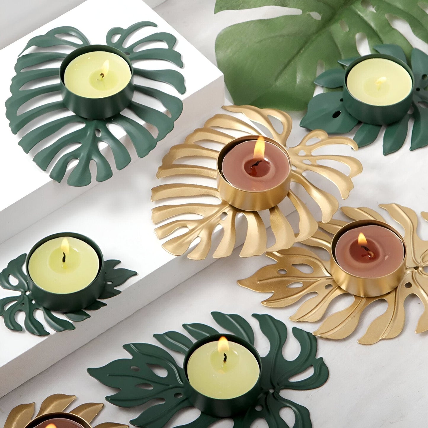 Wrought Iron Monstera Leaf Tealight Candle Holders: 