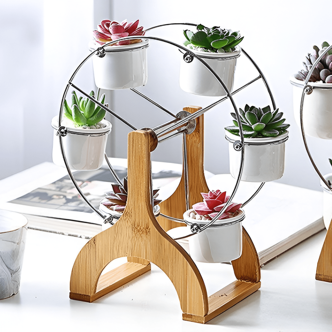 Wooden Ferris Wheel with Ceramic Succulent Planters