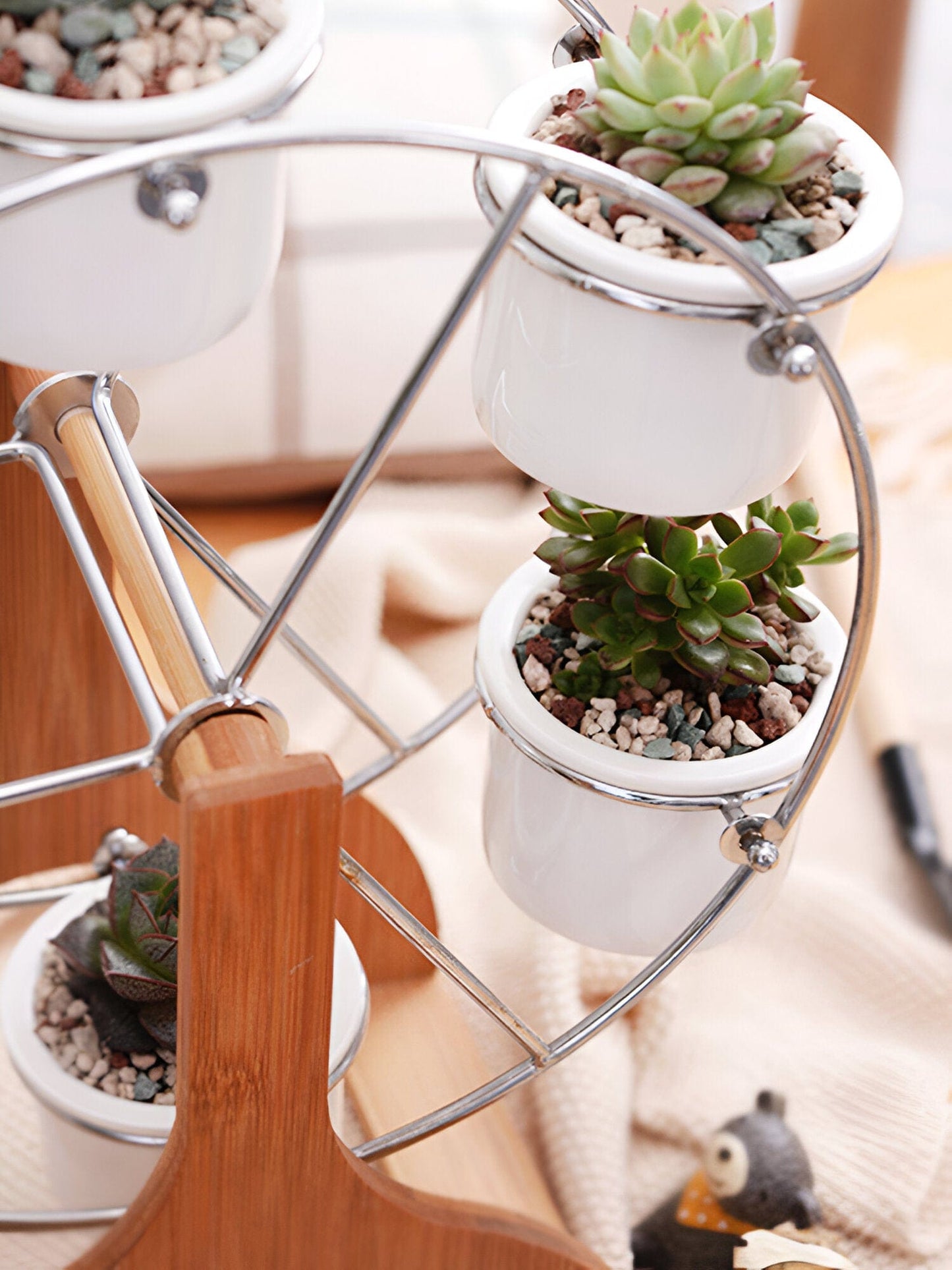 Wooden Ferris Wheel with Ceramic Succulent Planters