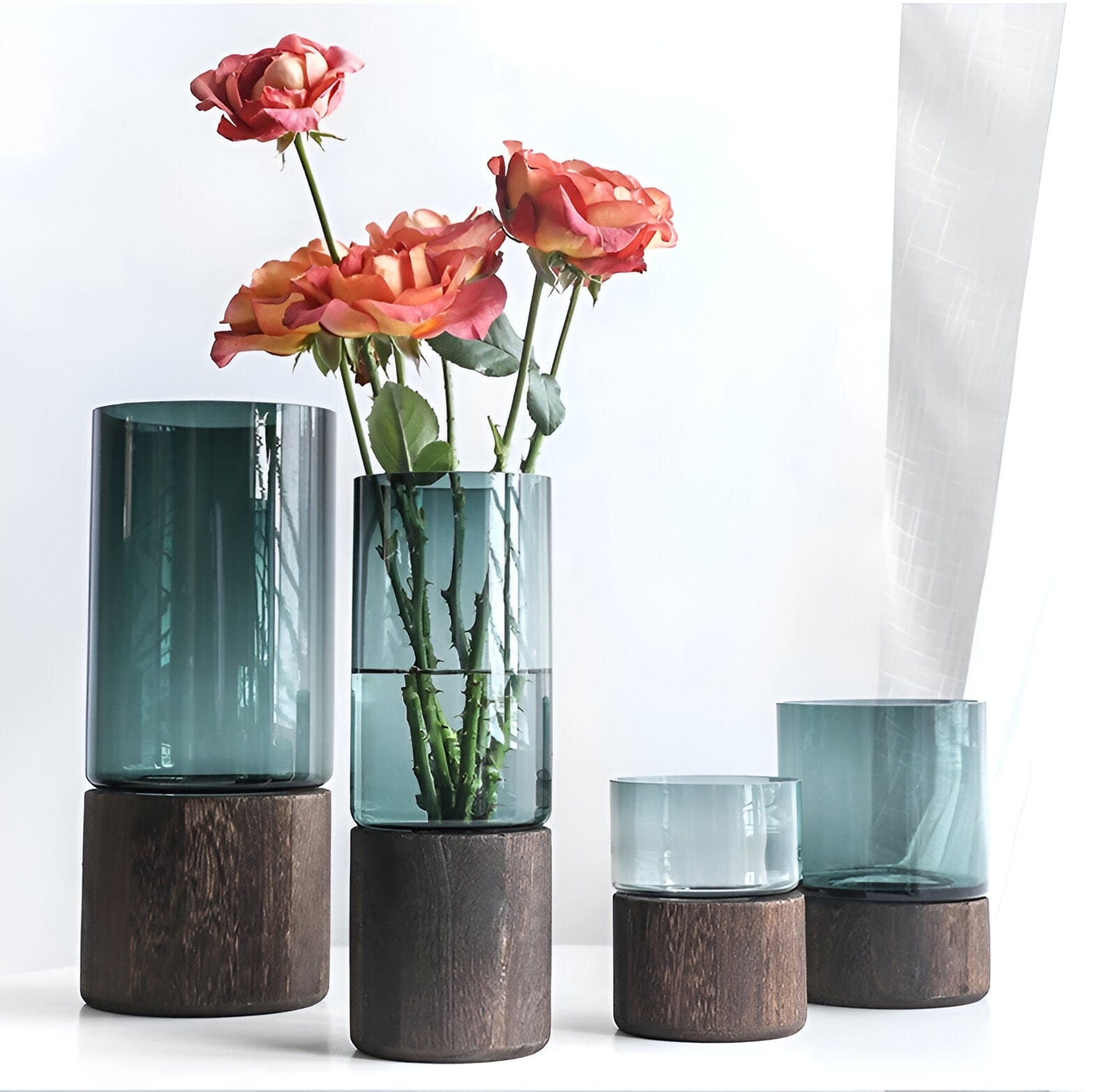 Serenity Wood Base Glass Vases