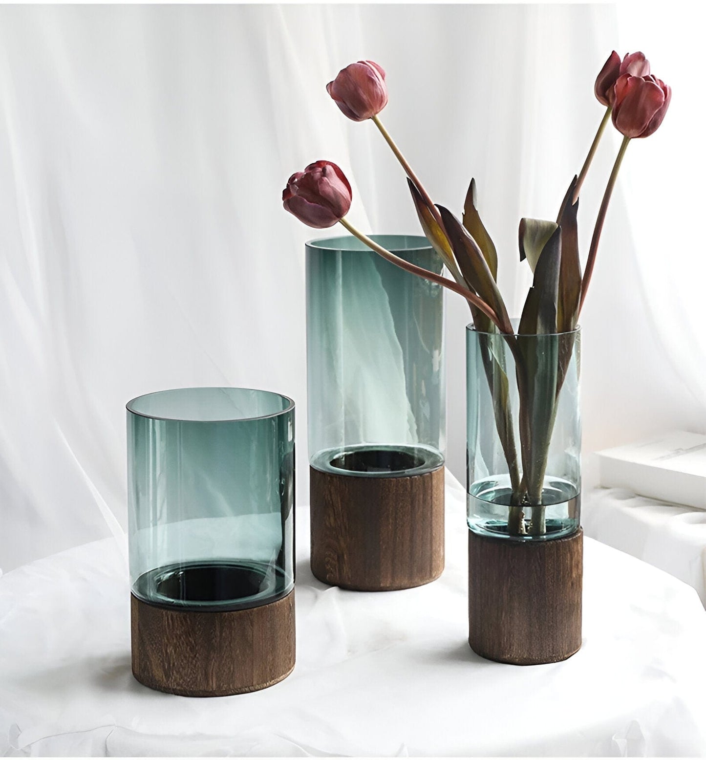 Serenity Wood Base Glass Vases