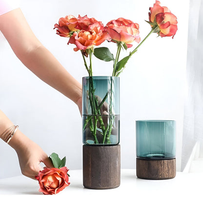 Serenity Wood Base Glass Vases