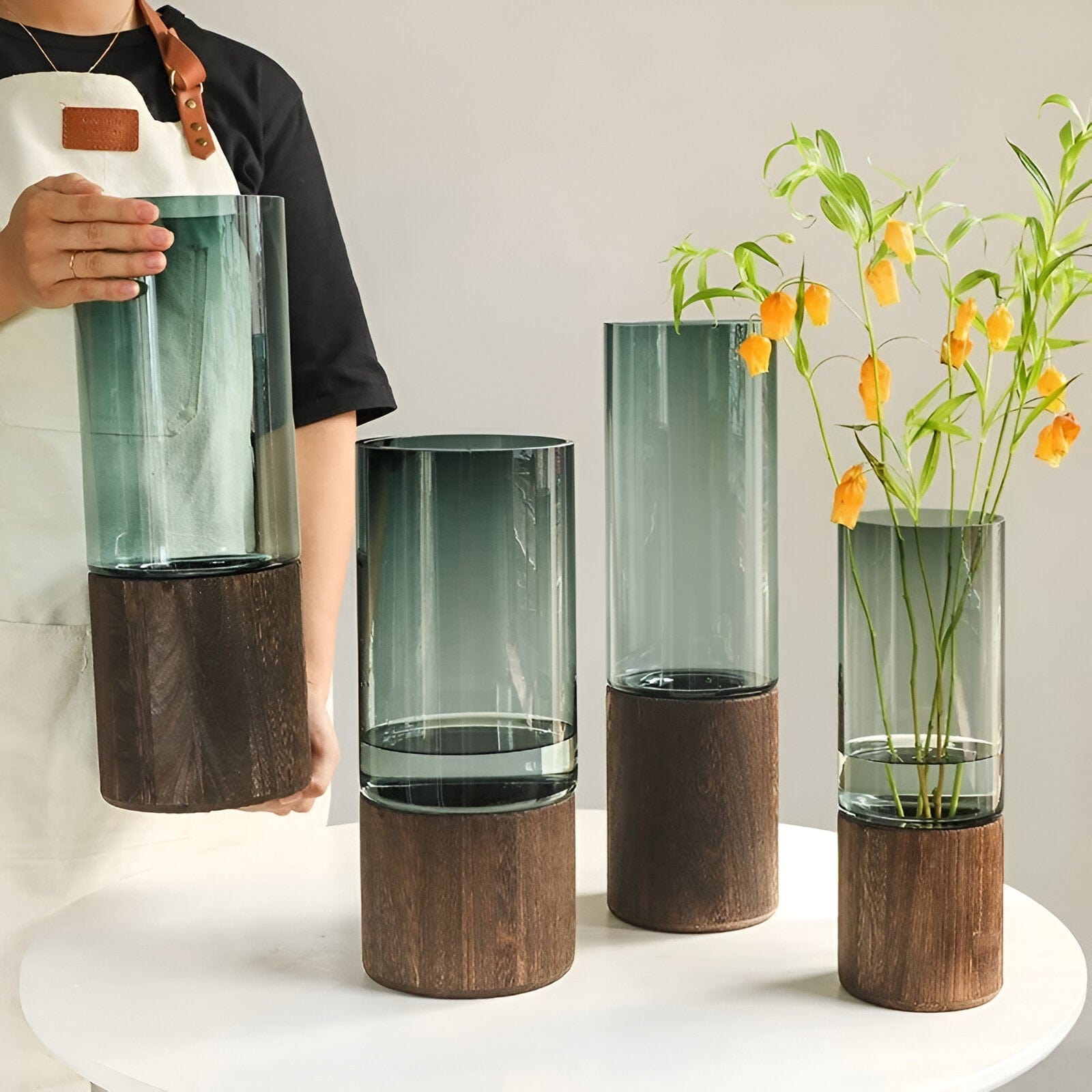 Serenity Wood Base Glass Vases