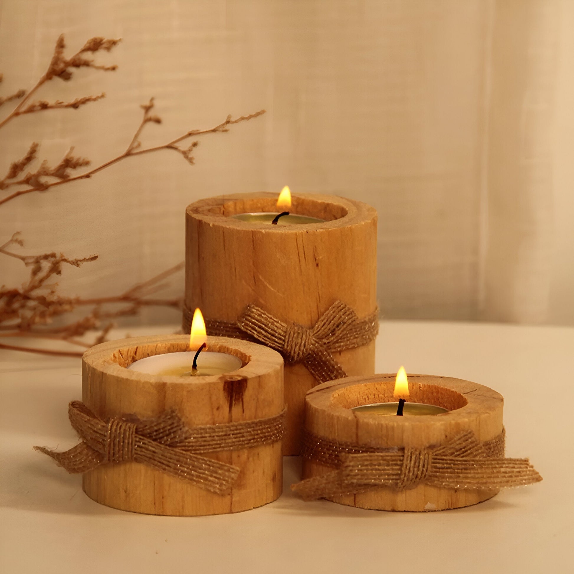 Pine Wood Round Candle Holders