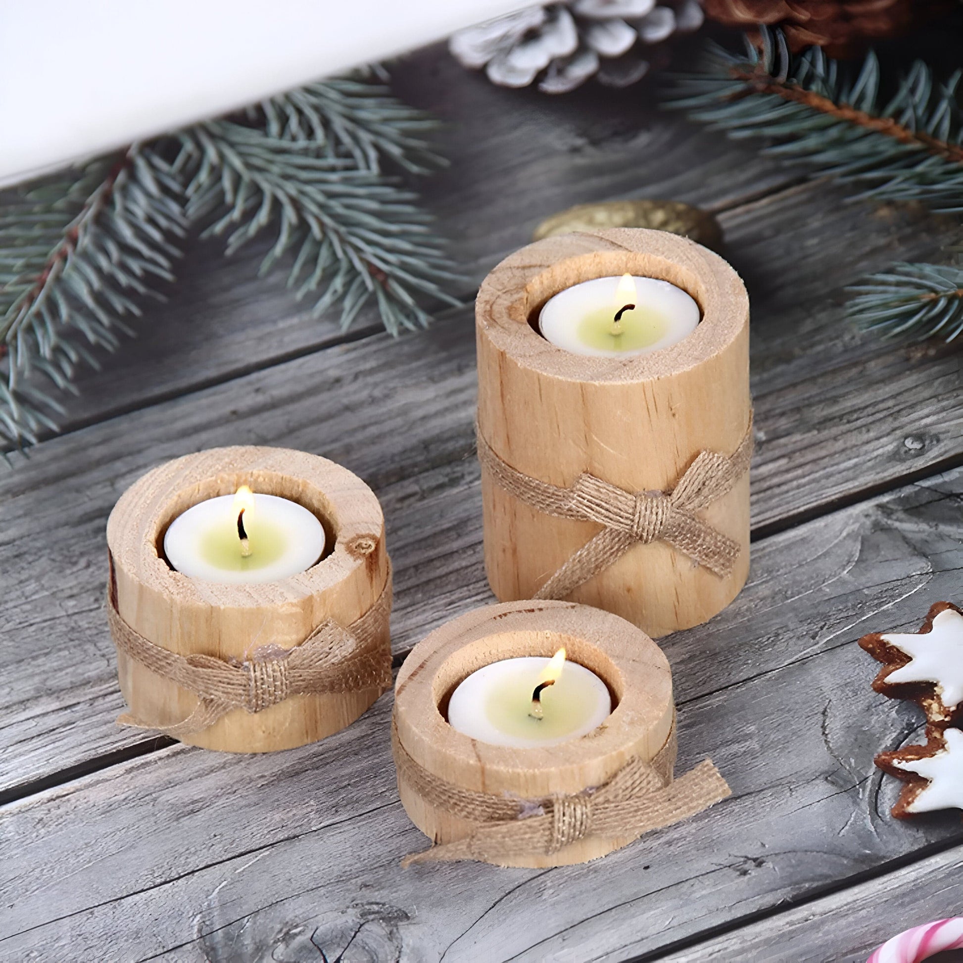 Pine Wood Round Candle Holders