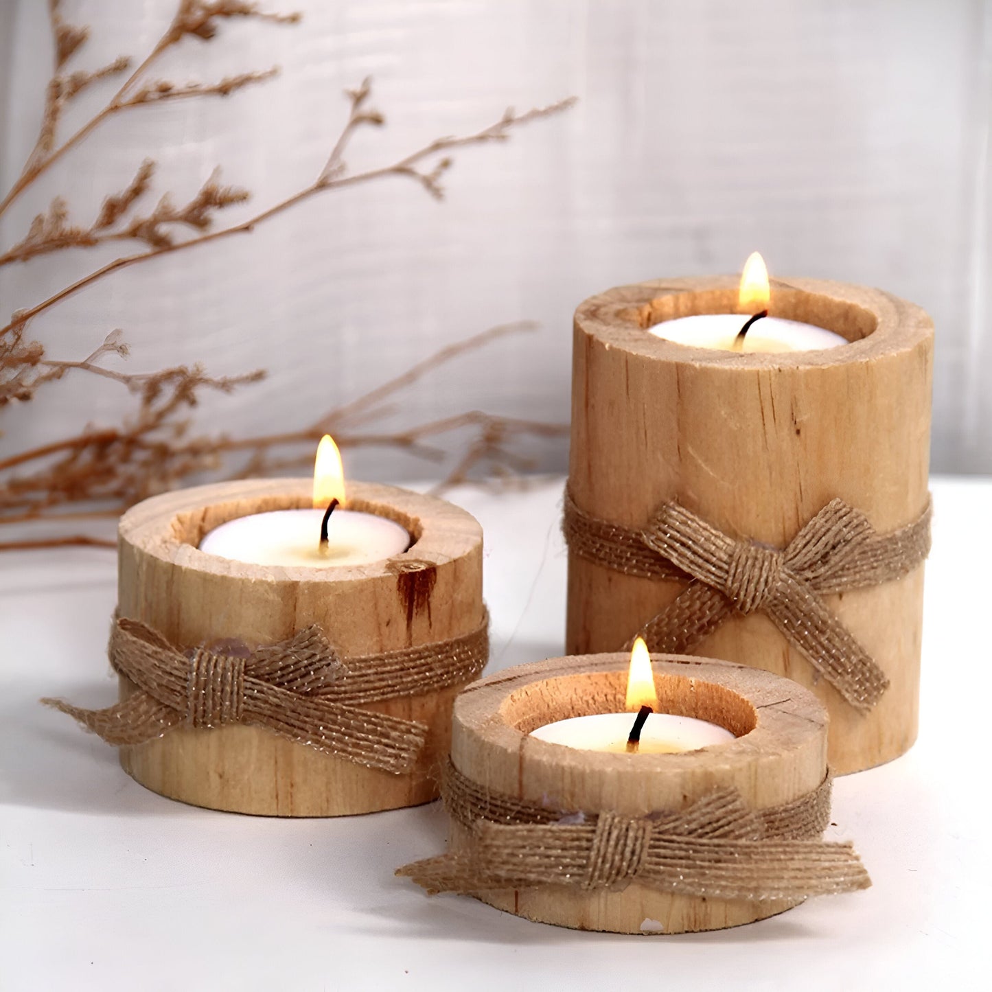 Pine Wood Round Candle Holders