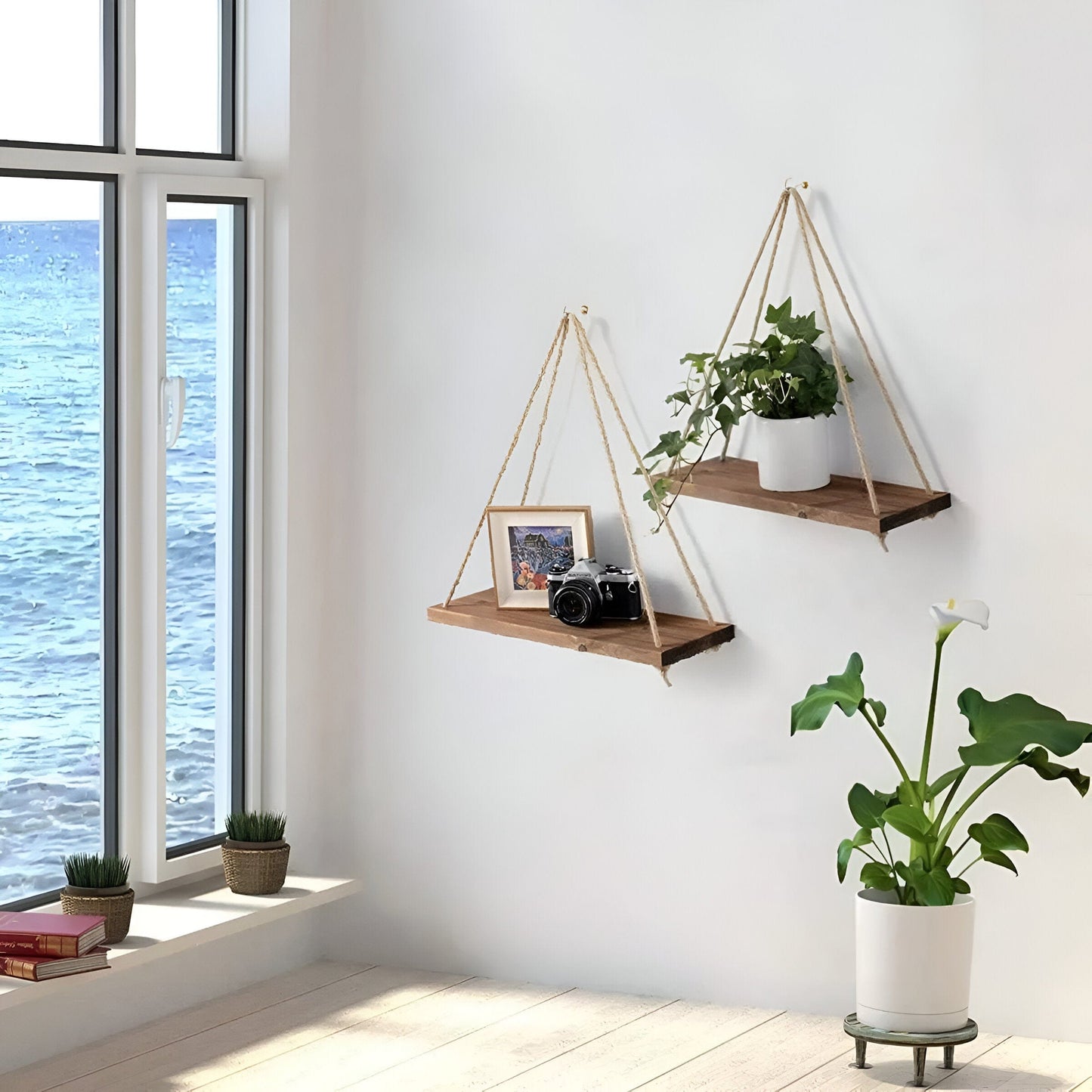 Wooden Rope Swing Wall-Mounted Shelf