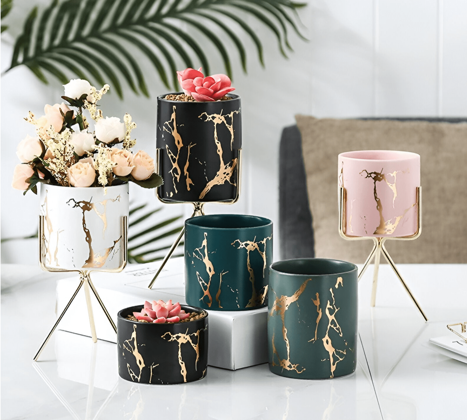 Short Tabletop Marbled Ceramic Planter with Geometric Metal Stand