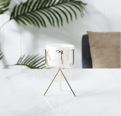 Short Tabletop Marbled Ceramic Planter with Geometric Metal Stand