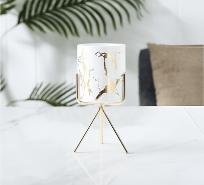 Short Tabletop Marbled Ceramic Planter with Geometric Metal Stand