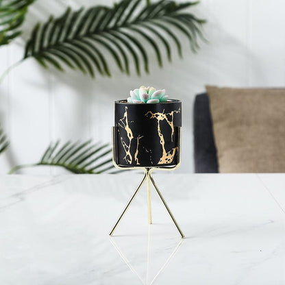 Short Tabletop Marbled Ceramic Planter with Geometric Metal Stand