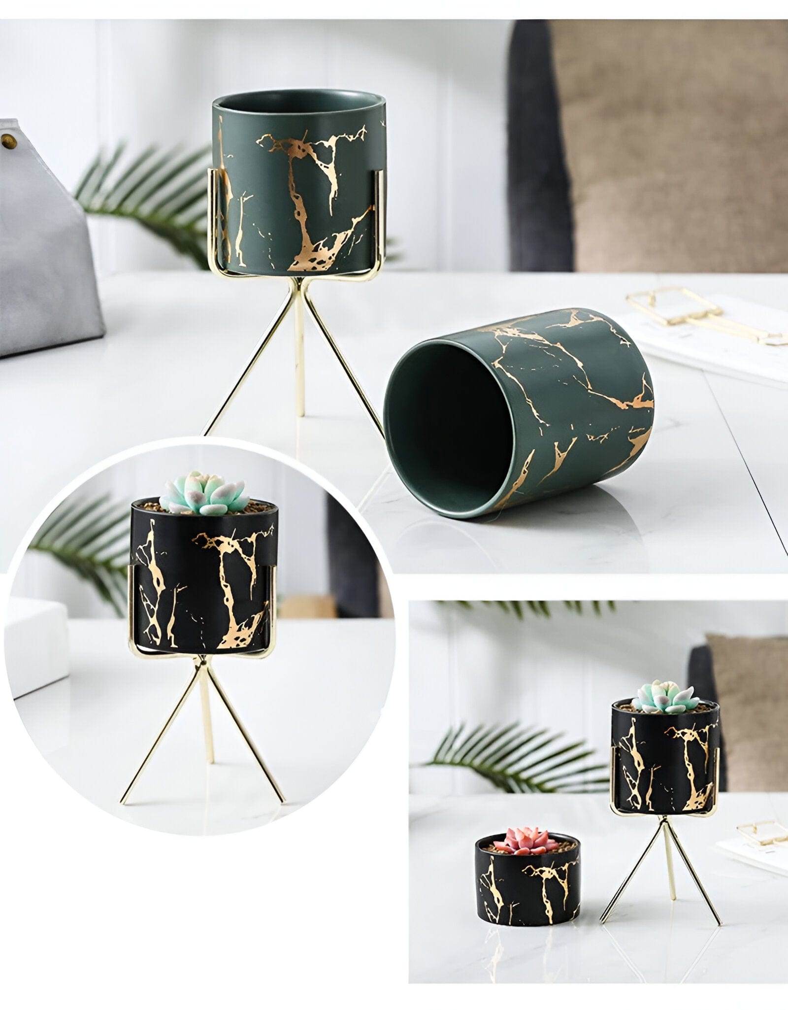 Short Tabletop Marbled Ceramic Planter with Geometric Metal Stand