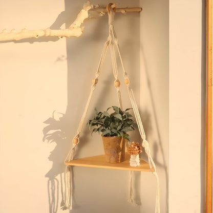 Handmade Macrame Rope Swing Wooden Shelf