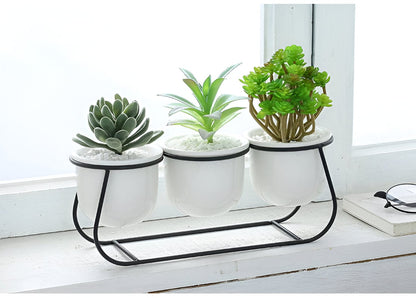 White Ceramic Succulent Planter Trio with Metal Sleigh Stand