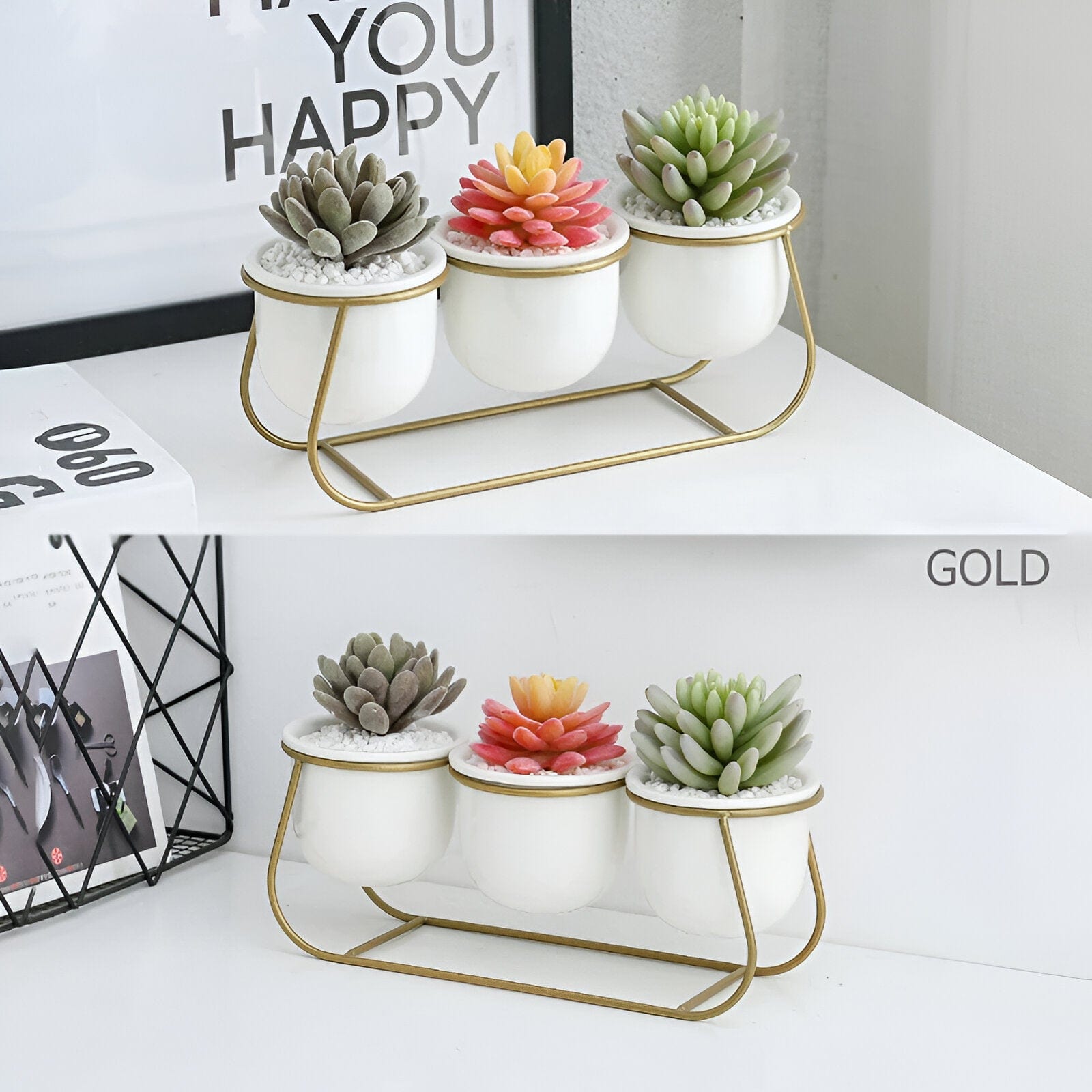 White Ceramic Succulent Planter Trio with Metal Sleigh Stand