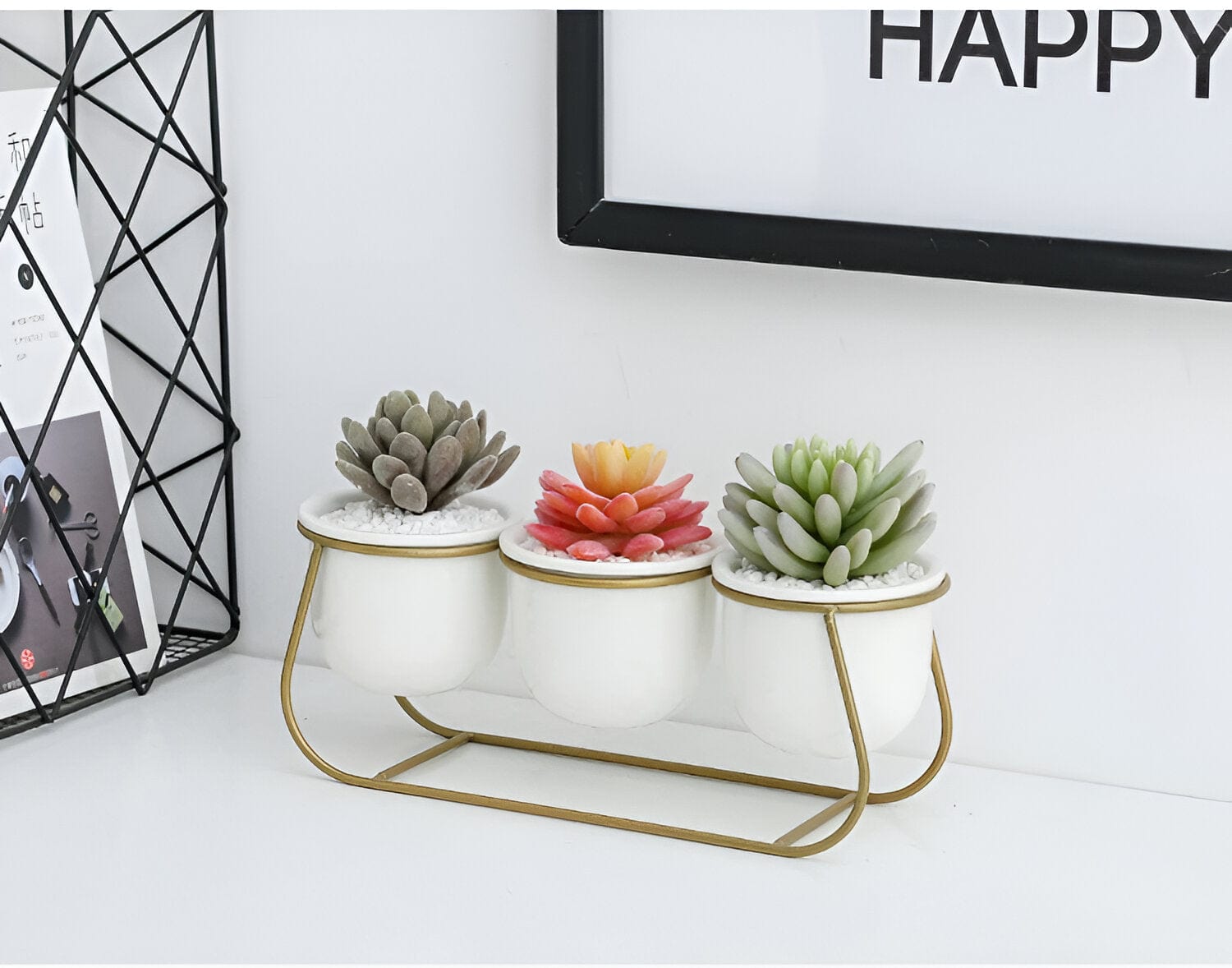 White Ceramic Succulent Planter Trio with Metal Sleigh Stand