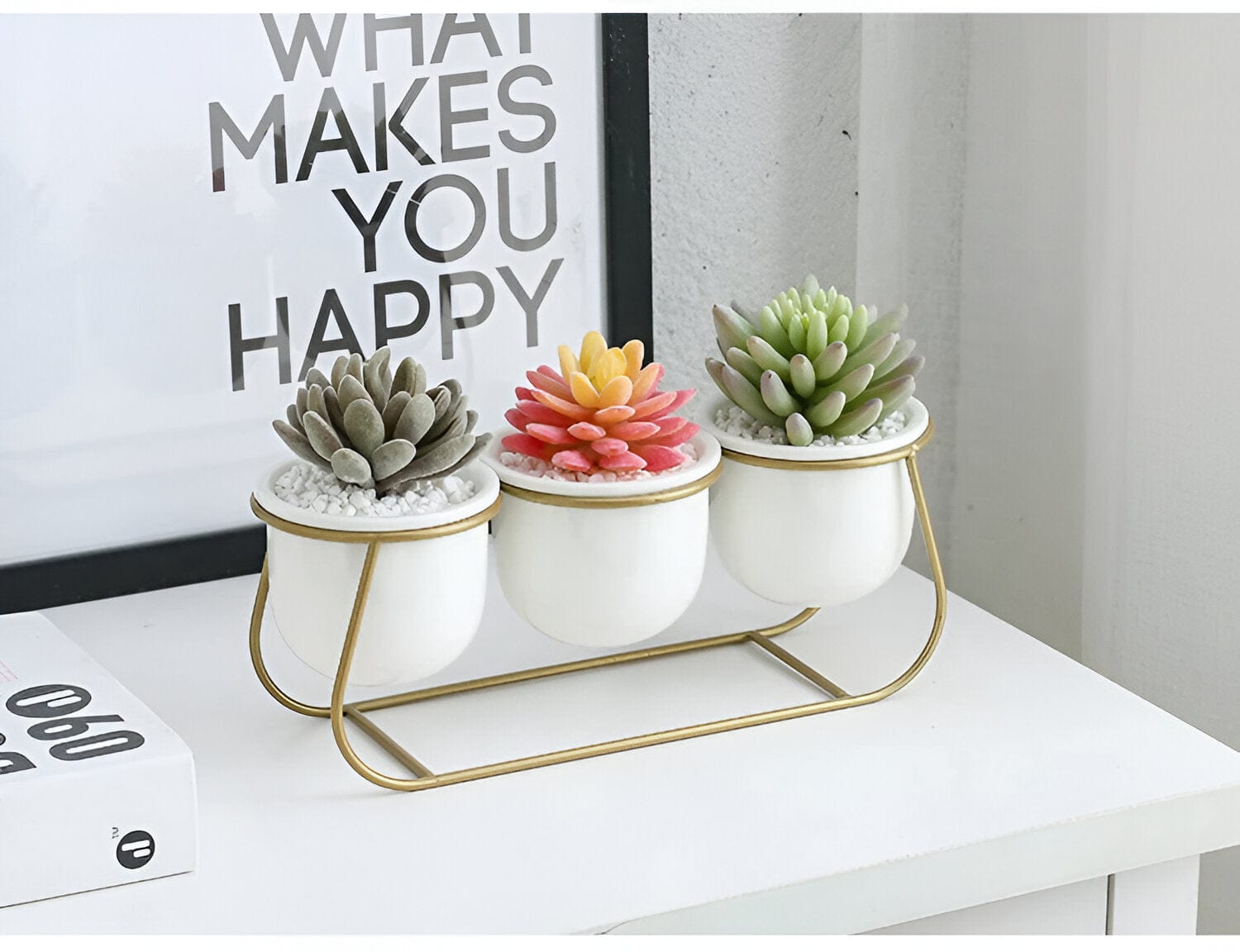 White Ceramic Succulent Planter Trio with Metal Sleigh Stand