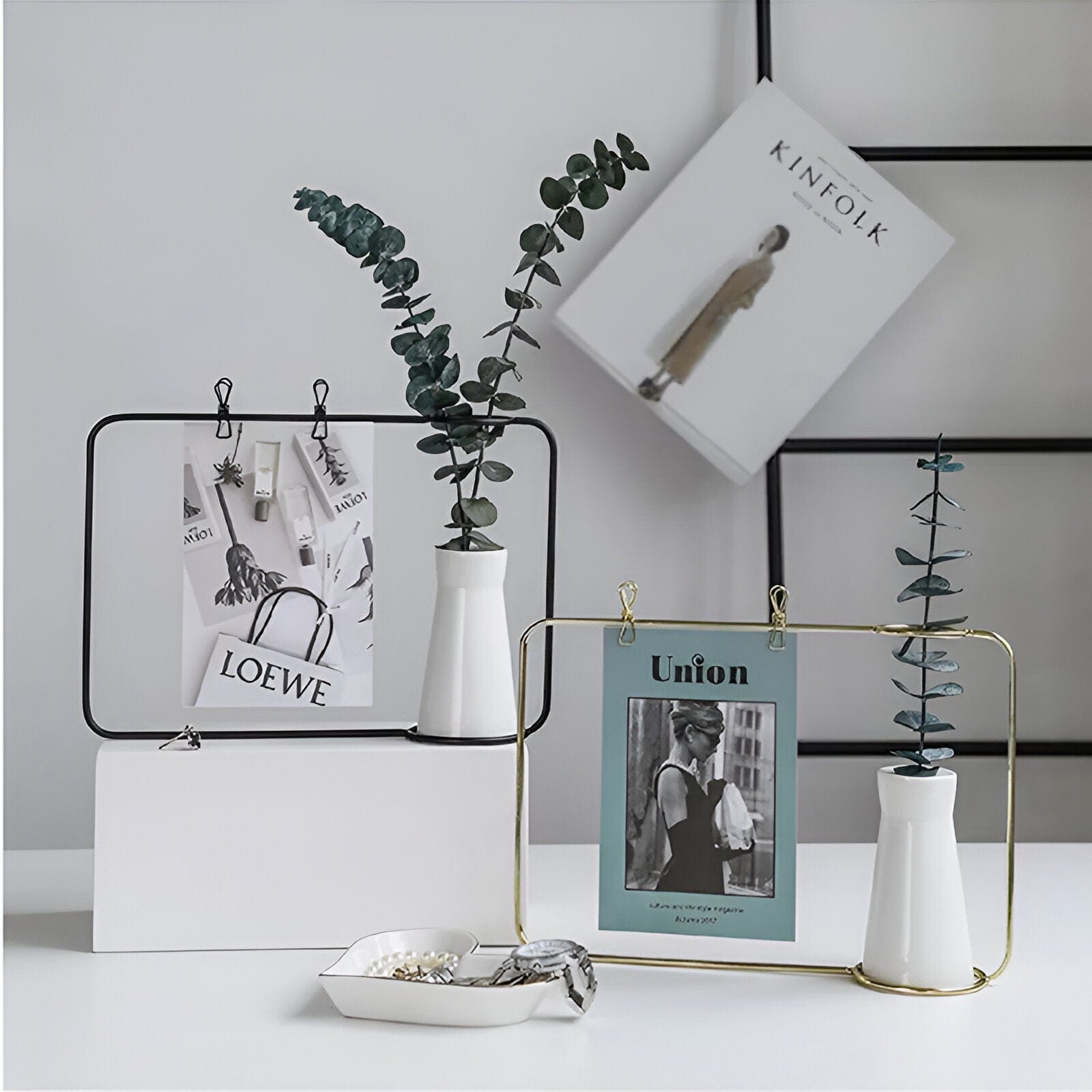 Iron Photo Display Frame with Ceramic Vase and Clips