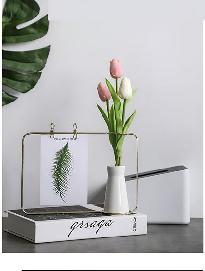 Iron Photo Display Frame with Ceramic Vase and Clips