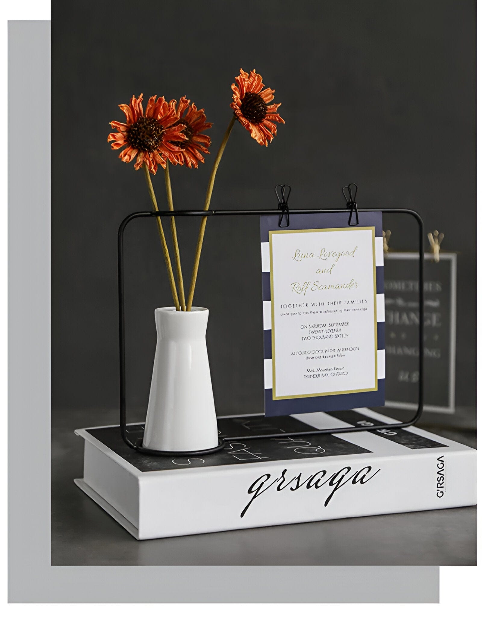 Iron Photo Display Frame with Ceramic Vase and Clips