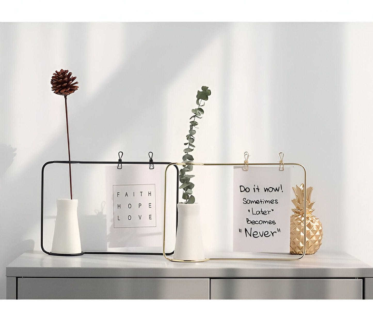 Iron Photo Display Frame with Ceramic Vase and Clips