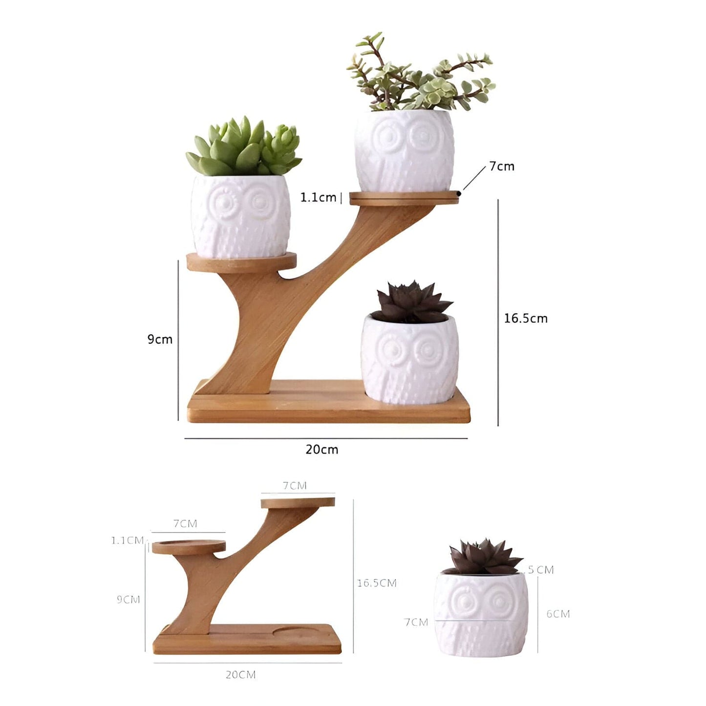 Tiered Ceramic Owl Succulent Planters With Bamboo Shelf