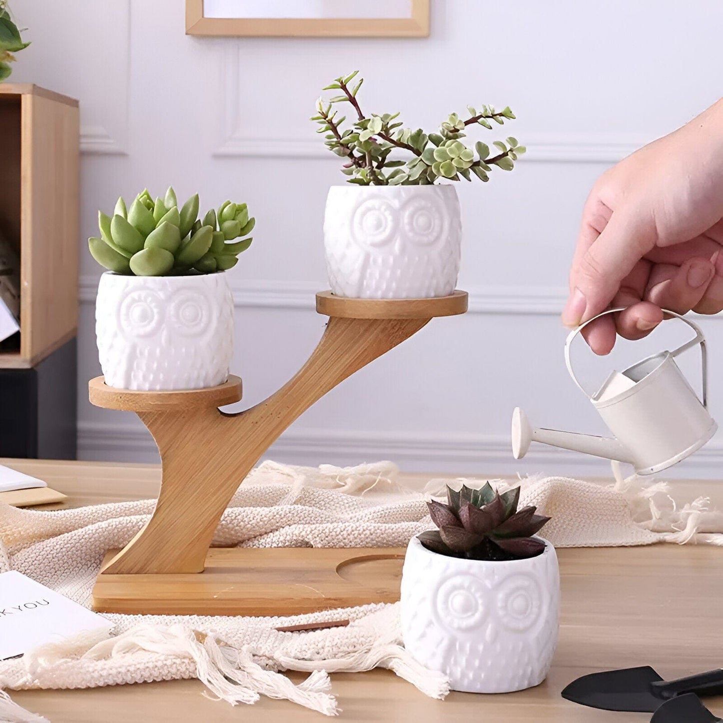 Tiered Ceramic Owl Succulent Planters With Bamboo Shelf