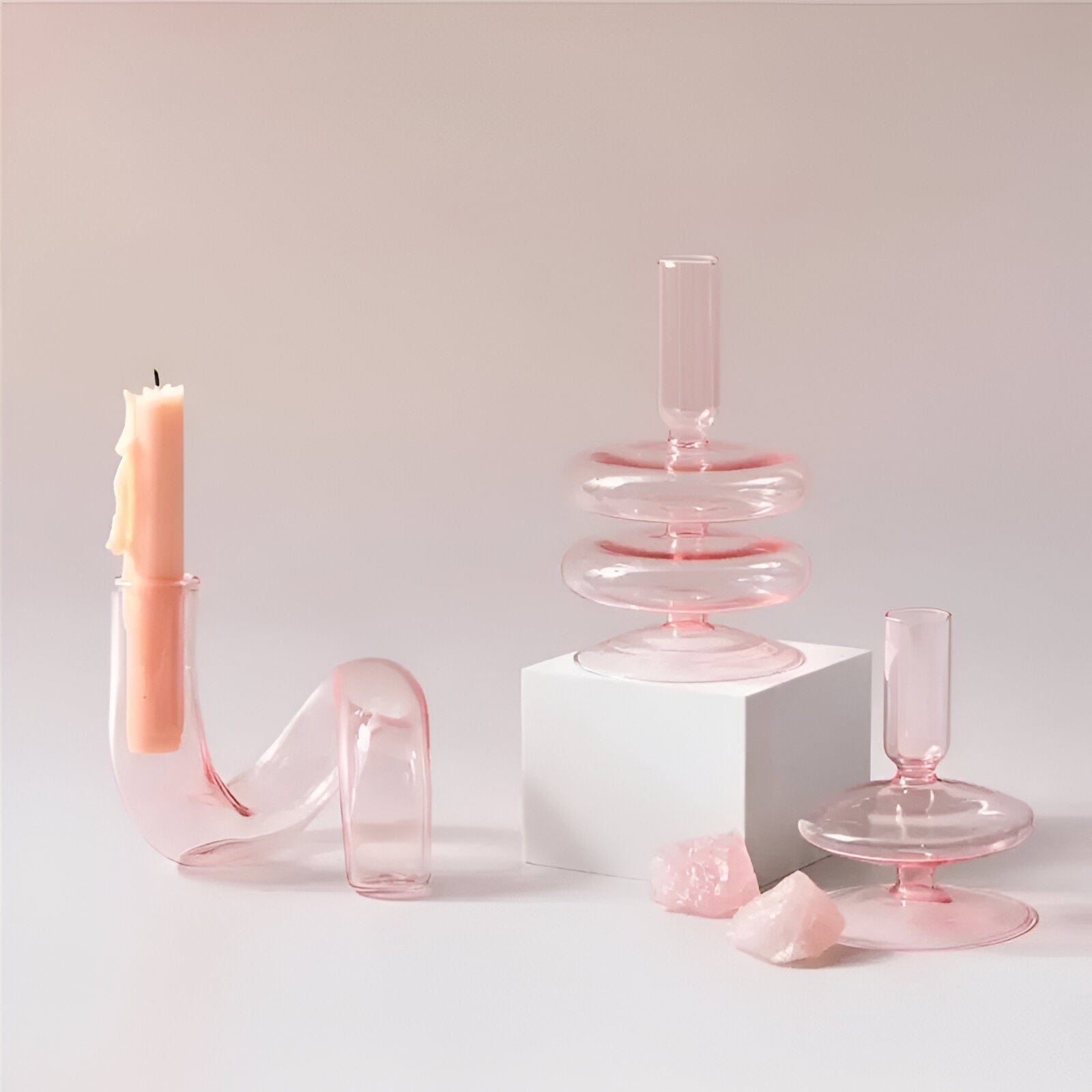  Pink Glass Taper Candle Holder & Vase Collection