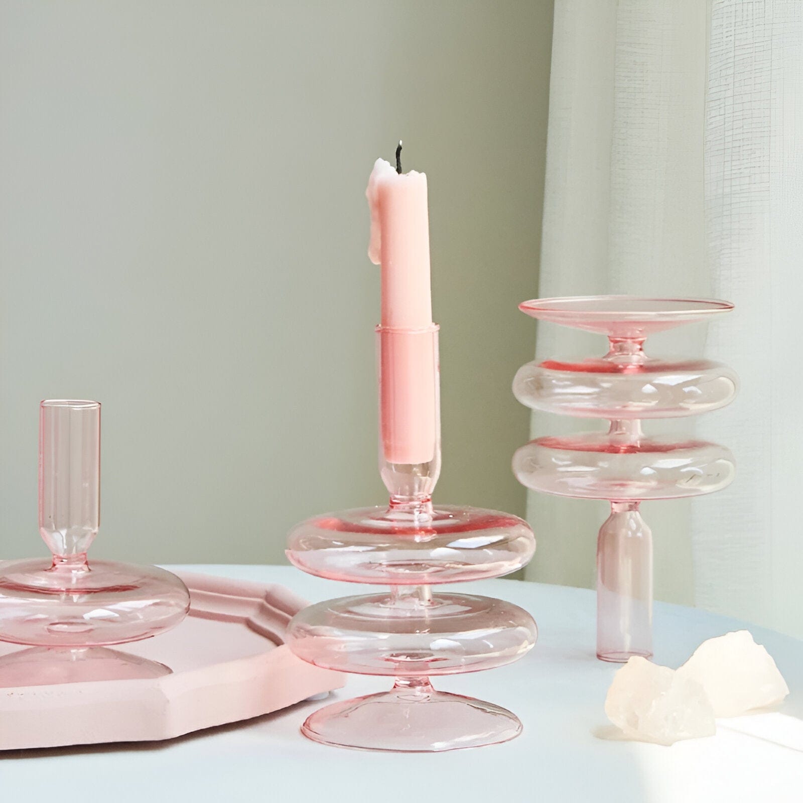  Pink Glass Taper Candle Holder & Vase Collection