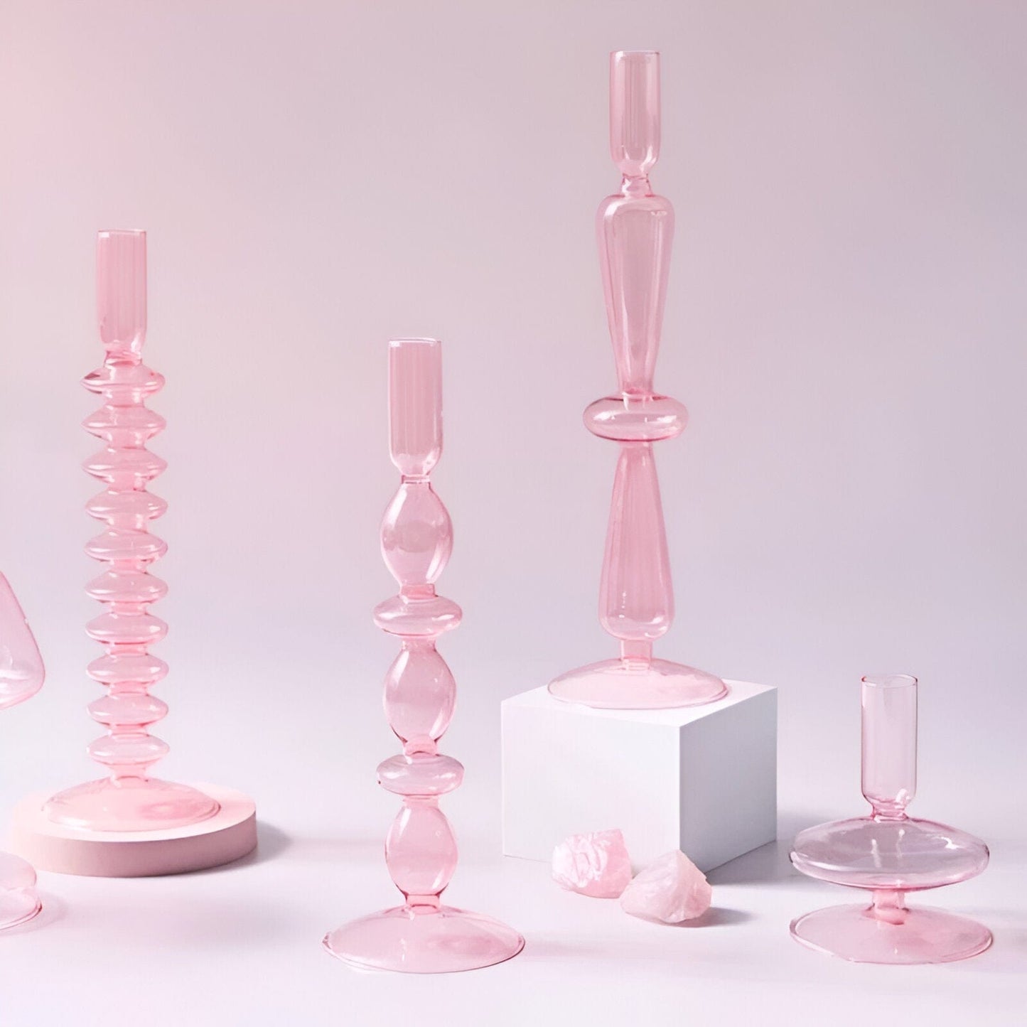  Pink Glass Taper Candle Holder & Vase Collection