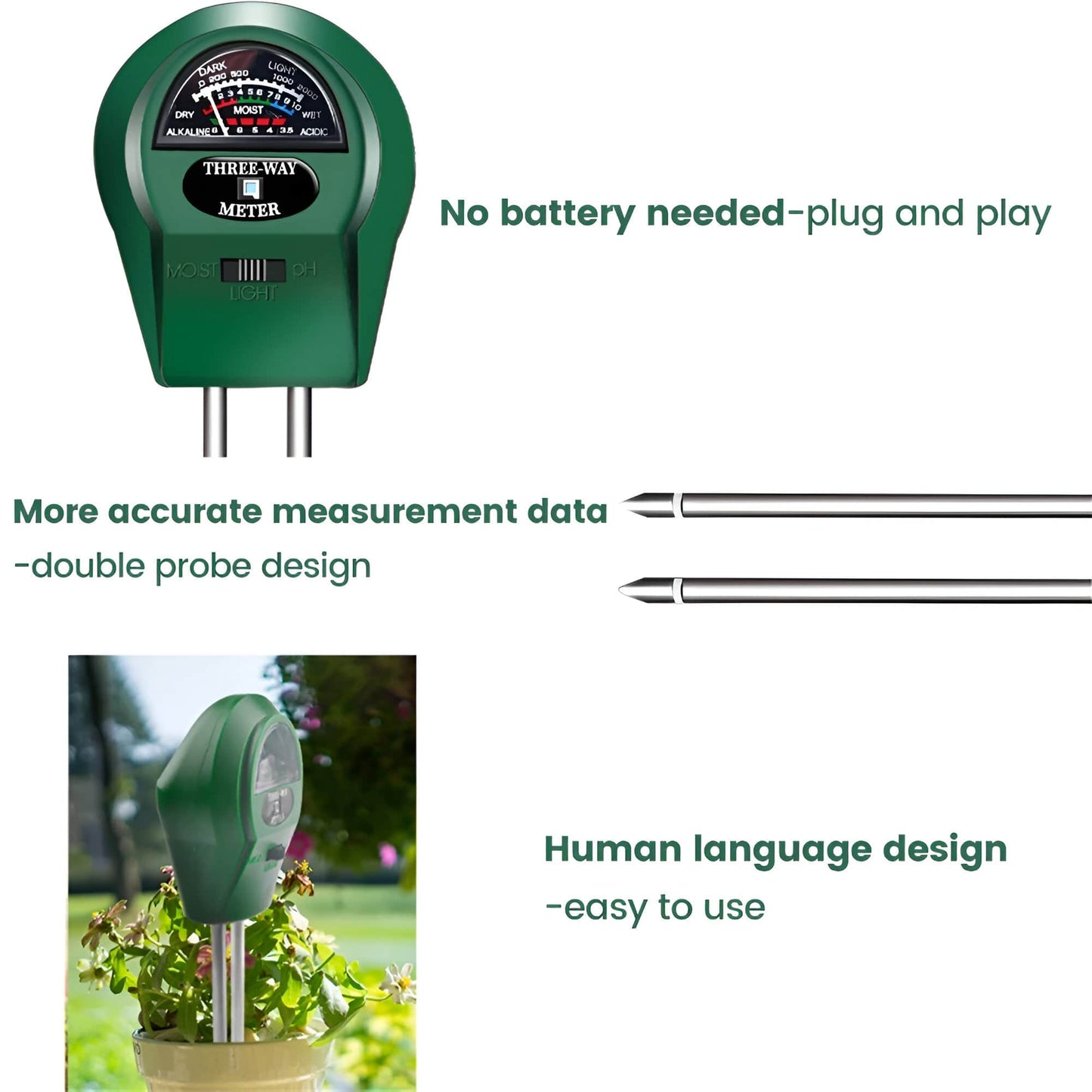 Battery Free Soil Moisture, Light and pH Meter