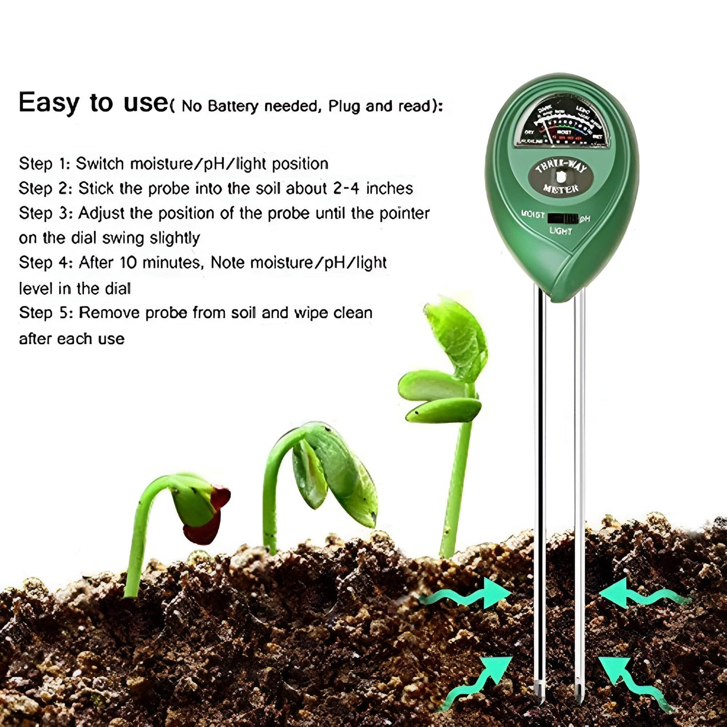 Battery Free Soil Moisture, Light and pH Meter