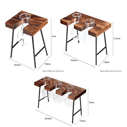 Glass Propagation Vase with Iron and Wood Stand